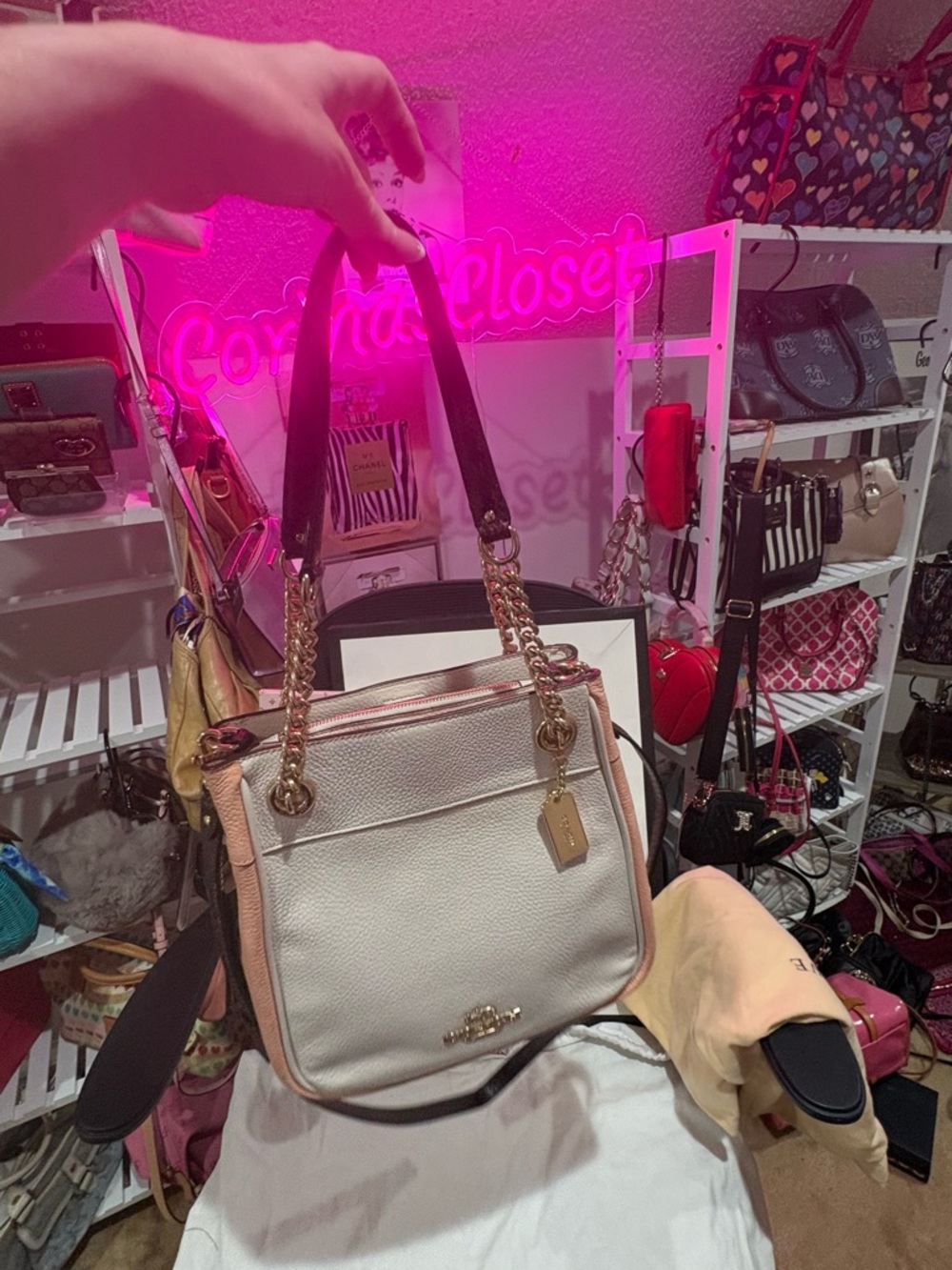 Coach Chalk and Pink Pebbled Leather Crossbody with Gold Chain Accents - Picture 9 of 9